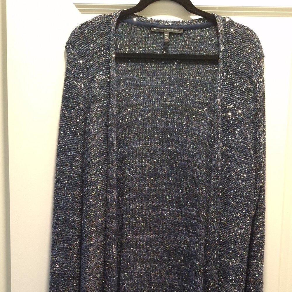 White House Black Market sparkle duster sweater, XL, blue/silver